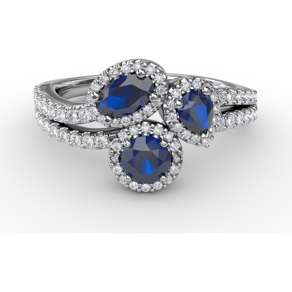 Three-Stone Round Sapphire Ring with Diamond Halo and Split Shank by Fana - 1.30 Carat Total Sapphire Weight