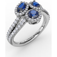 Three-Stone Round Sapphire Ring with Diamond Halo and Split Shank by Fana - 1.30 Carat Total Sapphire Weight