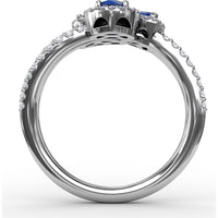 Three-Stone Round Sapphire Ring with Diamond Halo and Split Shank by Fana - 1.30 Carat Total Sapphire Weight