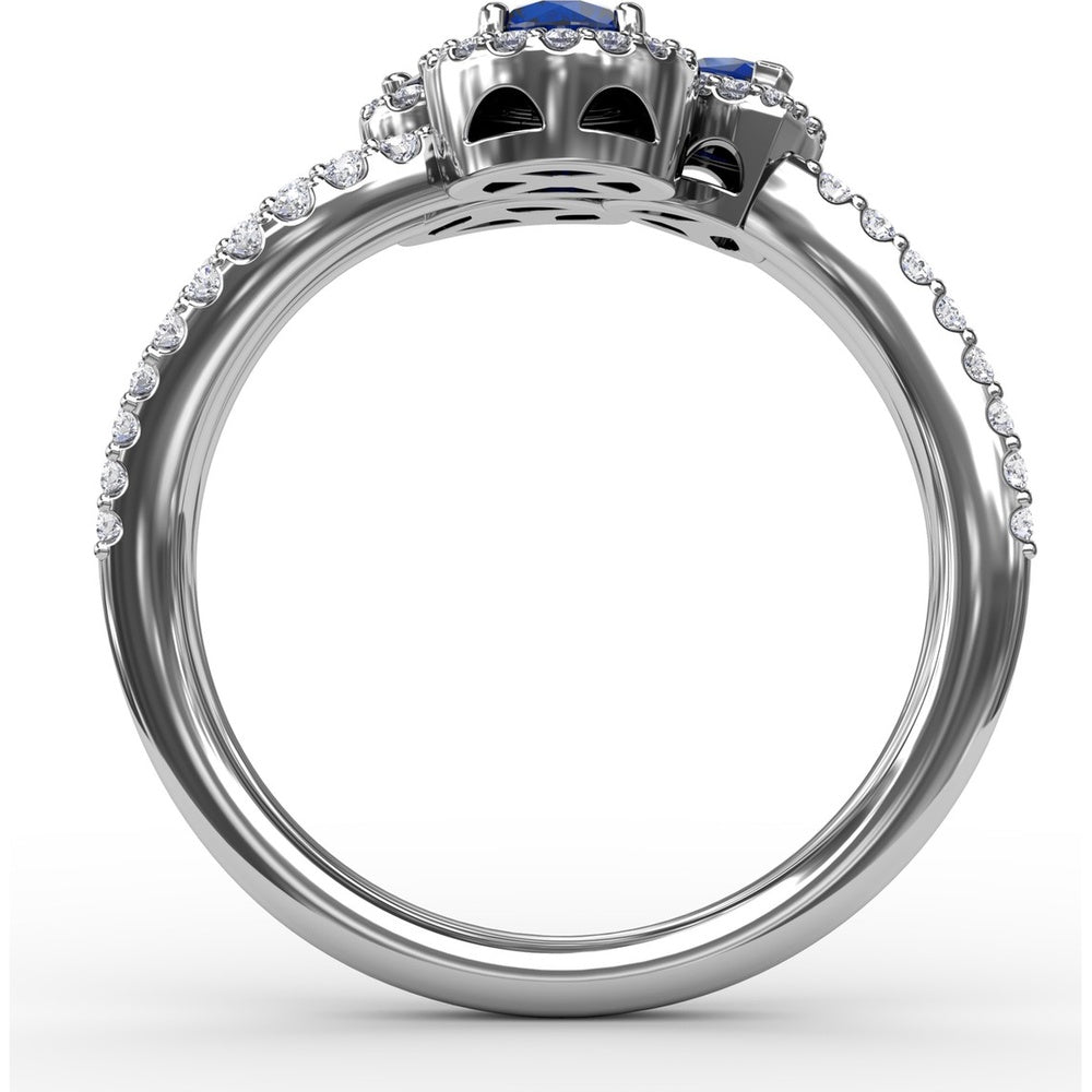 Three-Stone Round Sapphire Ring with Diamond Halo and Split Shank by Fana - 1.30 Carat Total Sapphire Weight