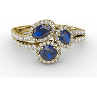 Three-Stone Round Sapphire Ring with Diamond Halo and Split Shank by Fana - 1.30 Carat Total Sapphire Weight