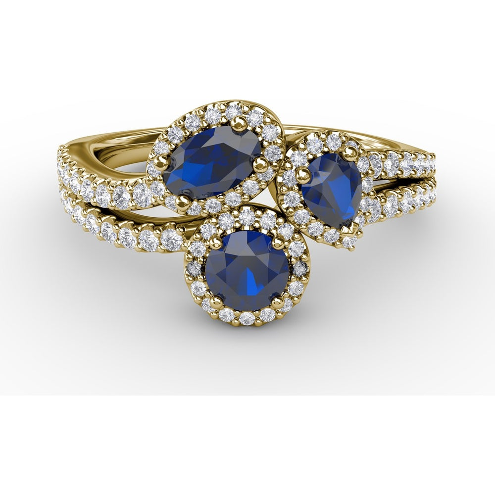 Three-Stone Round Sapphire Ring with Diamond Halo and Split Shank by Fana - 1.30 Carat Total Sapphire Weight