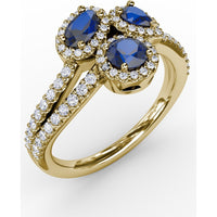 Three-Stone Round Sapphire Ring with Diamond Halo and Split Shank by Fana - 1.30 Carat Total Sapphire Weight