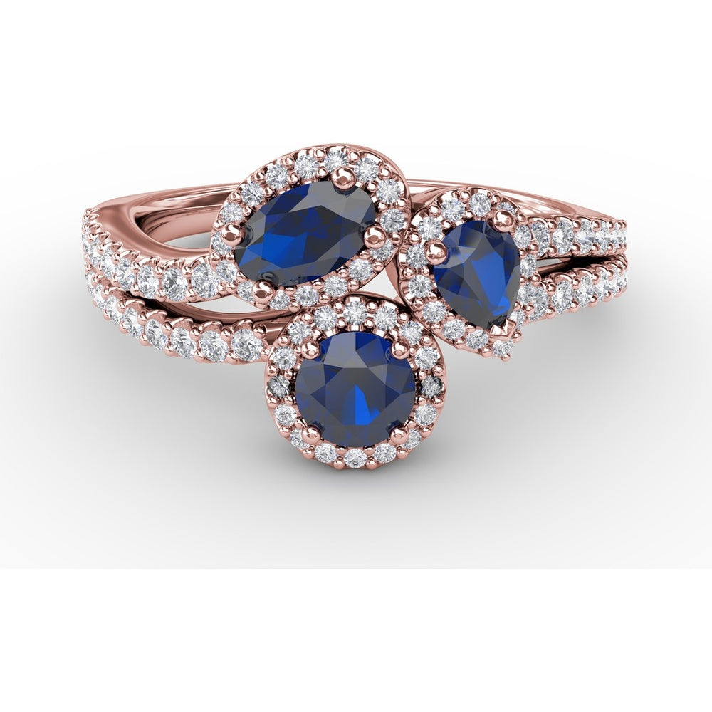 Three-Stone Round Sapphire Ring with Diamond Halo and Split Shank by Fana - 1.30 Carat Total Sapphire Weight
