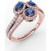 Three-Stone Round Sapphire Ring with Diamond Halo and Split Shank by Fana - 1.30 Carat Total Sapphire Weight