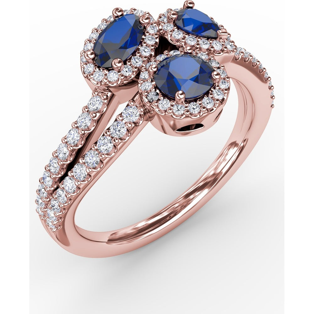 Three-Stone Round Sapphire Ring with Diamond Halo and Split Shank by Fana - 1.30 Carat Total Sapphire Weight
