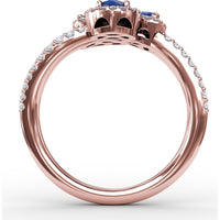 Three-Stone Round Sapphire Ring with Diamond Halo and Split Shank by Fana - 1.30 Carat Total Sapphire Weight