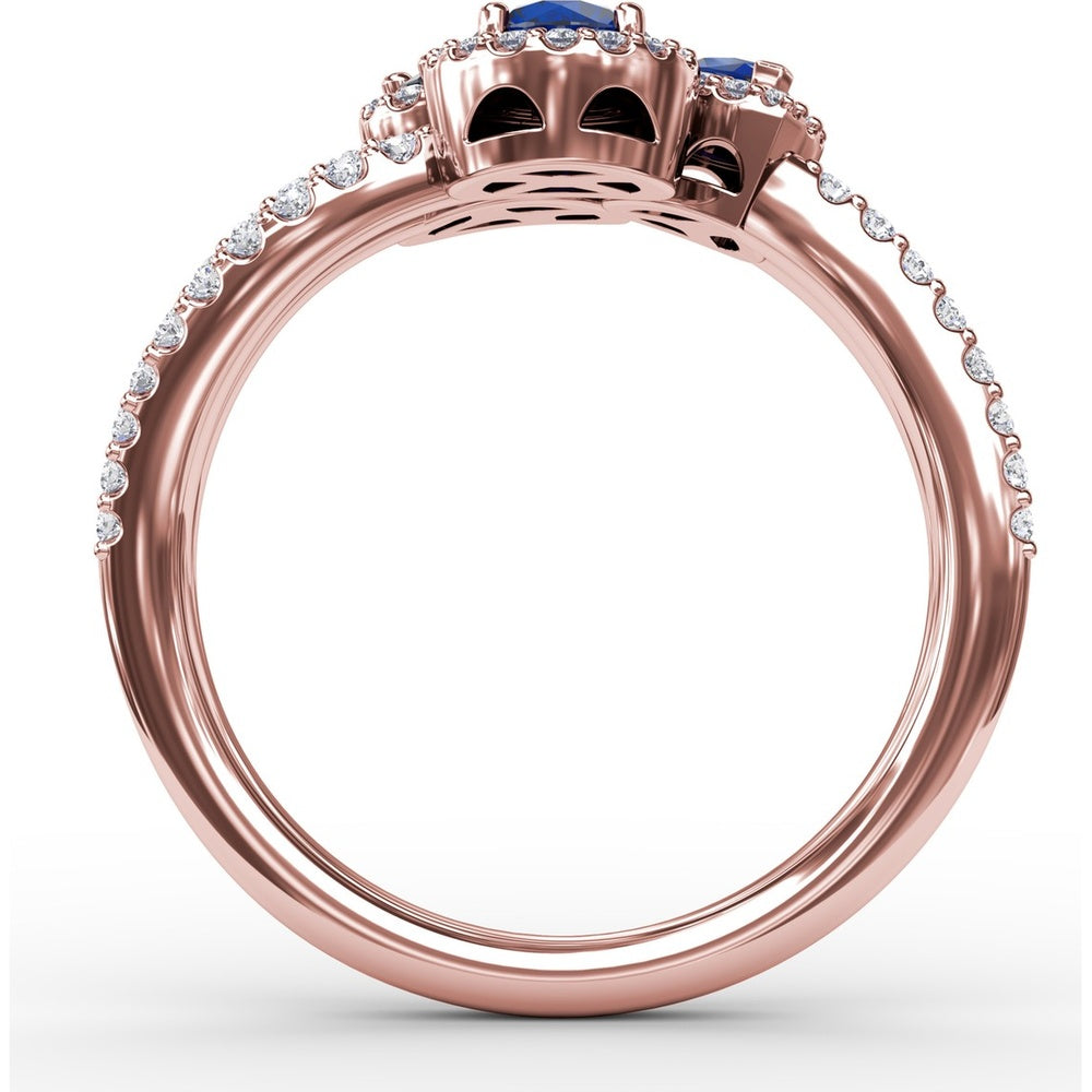 Three-Stone Round Sapphire Ring with Diamond Halo and Split Shank by Fana - 1.30 Carat Total Sapphire Weight