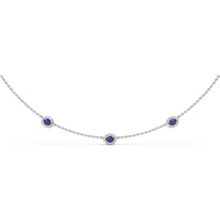 Three Stone Station Necklace with Round Sapphires and Diamond Halos by Fana - 0.98 Carat Total Gemstone Weight