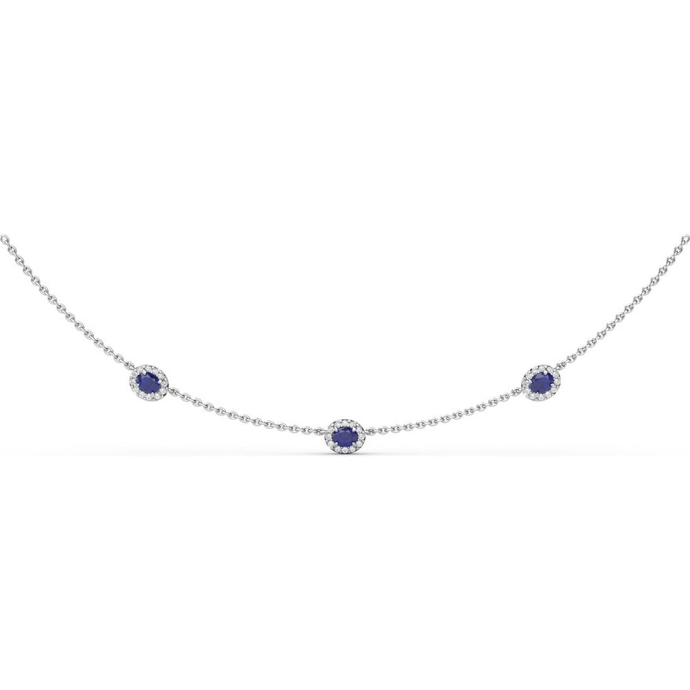 Three Stone Station Necklace with Round Sapphires and Diamond Halos by Fana - 0.98 Carat Total Gemstone Weight