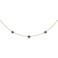 Three Stone Station Necklace with Round Sapphires and Diamond Halos by Fana - 0.98 Carat Total Gemstone Weight
