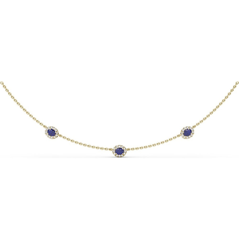 Three Stone Station Necklace with Round Sapphires and Diamond Halos by Fana - 0.98 Carat Total Gemstone Weight
