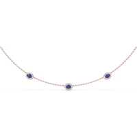 Three Stone Station Necklace with Round Sapphires and Diamond Halos by Fana - 0.98 Carat Total Gemstone Weight