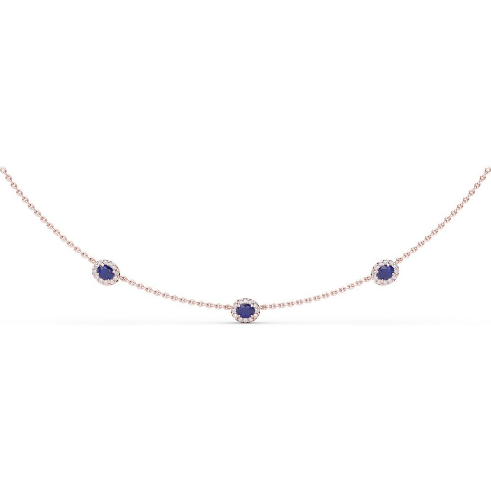 Three Stone Station Necklace with Round Sapphires and Diamond Halos by Fana - 0.98 Carat Total Gemstone Weight