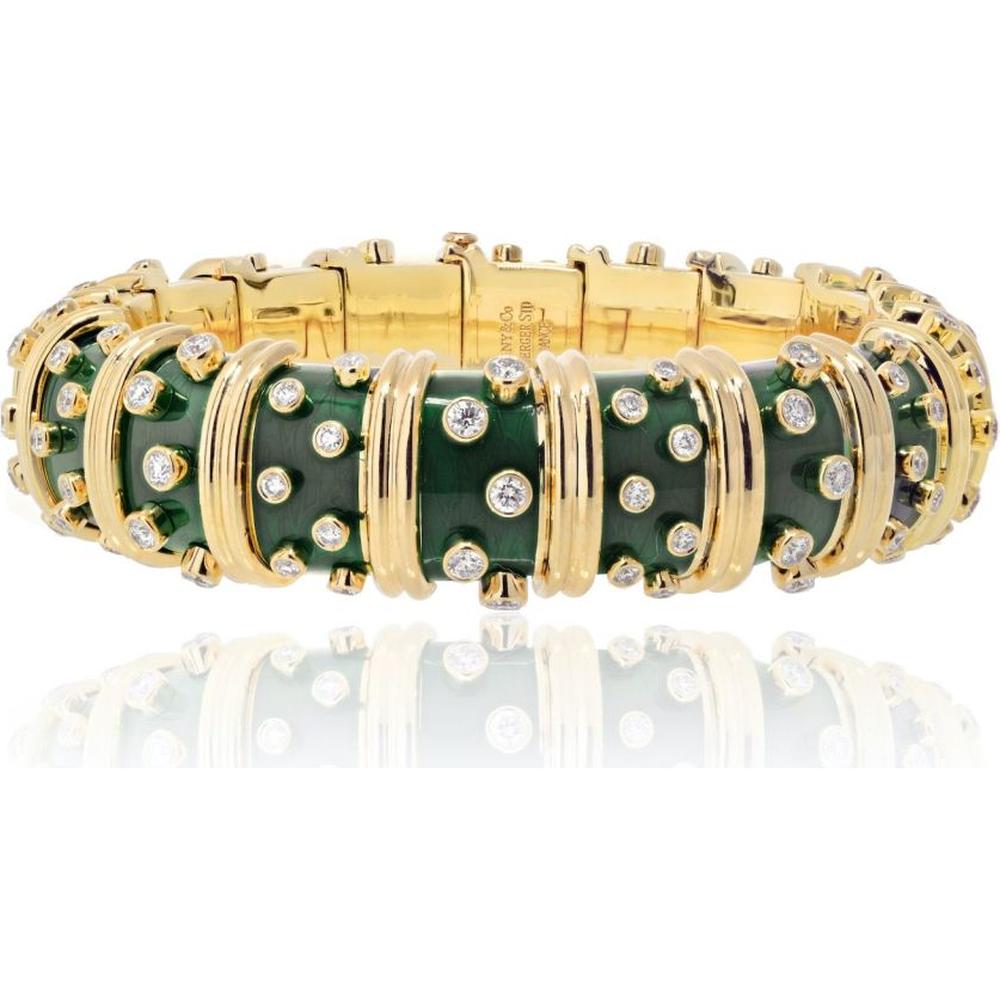 Tiffany & Co. 18K Yellow Gold Dark Green Enamel and Diamond Bangle Bracelet - 4.00 Carats Total Diamond Weight