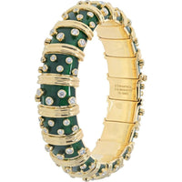 Tiffany & Co. 18K Yellow Gold Dark Green Enamel and Diamond Bangle Bracelet - 4.00 Carats Total Diamond Weight