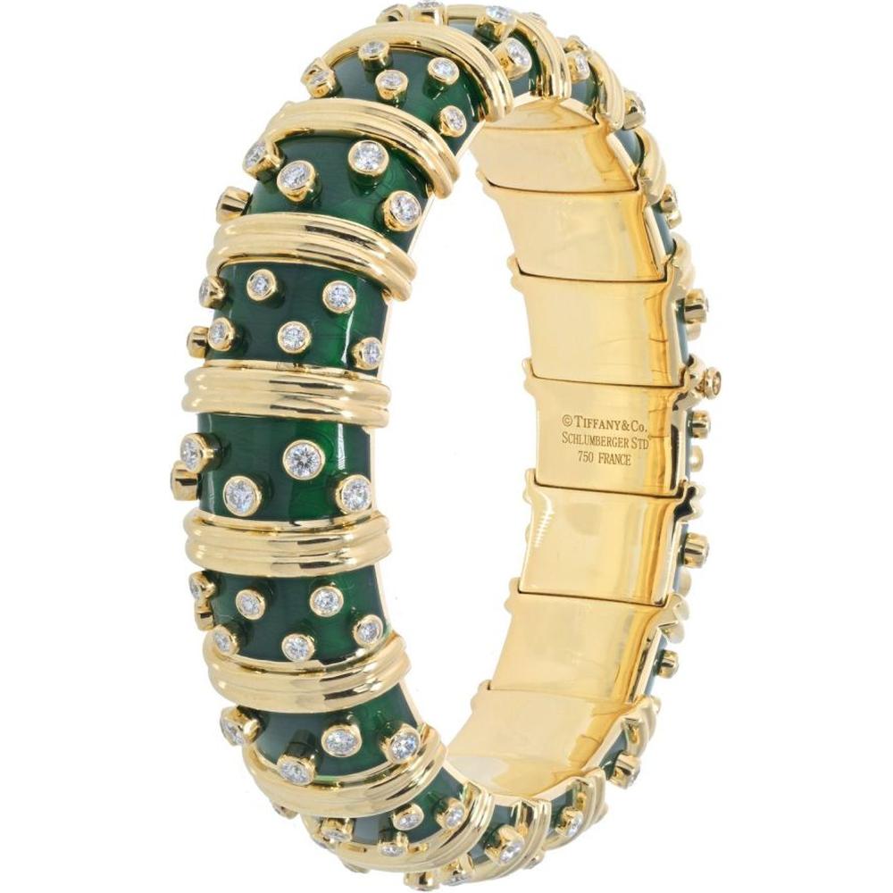 Tiffany & Co. 18K Yellow Gold Dark Green Enamel and Diamond Bangle Bracelet - 4.00 Carats Total Diamond Weight