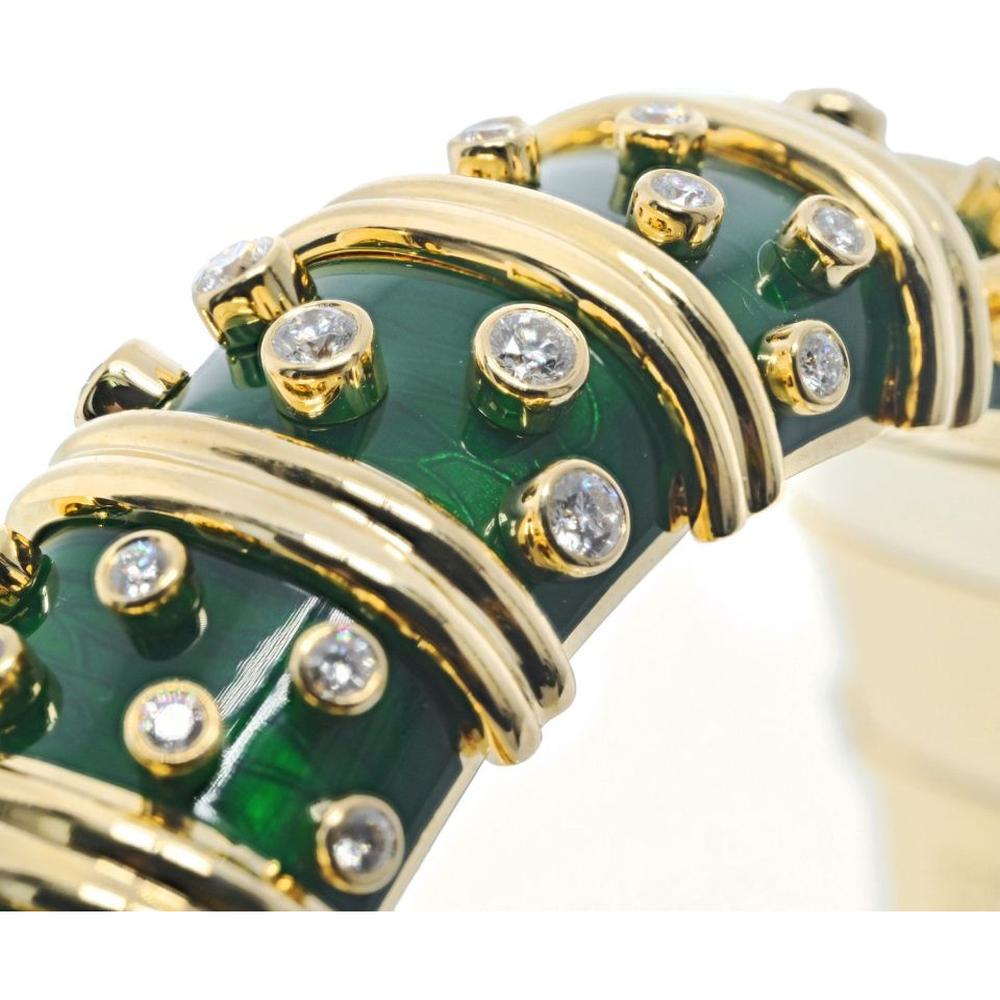Tiffany & Co. 18K Yellow Gold Dark Green Enamel and Diamond Bangle Bracelet - 4.00 Carats Total Diamond Weight
