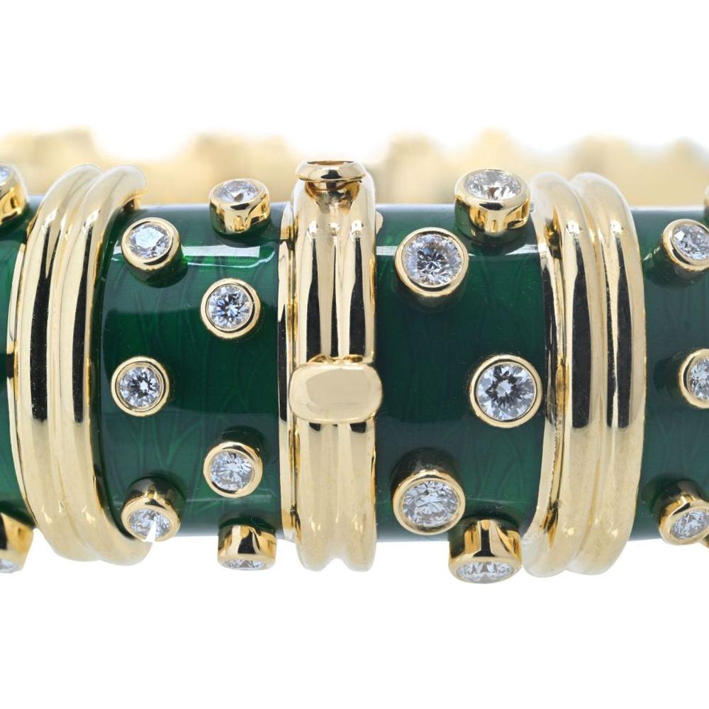 Tiffany & Co. 18K Yellow Gold Dark Green Enamel and Diamond Bangle Bracelet - 4.00 Carats Total Diamond Weight