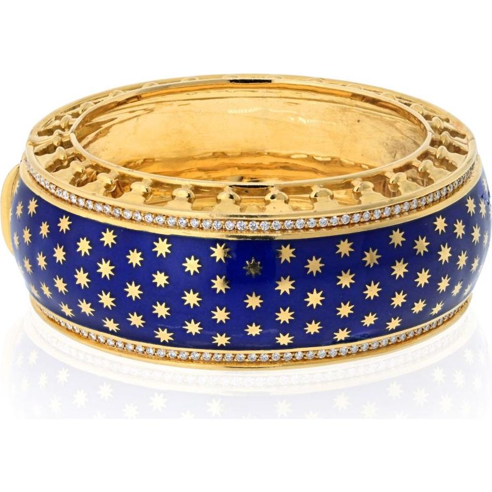 Tiffany & Co. Paloma Picasso 18K Yellow Gold Blue Enamel Star Bangle Bracelet with 2.30 Carat Total Round Diamond Weight