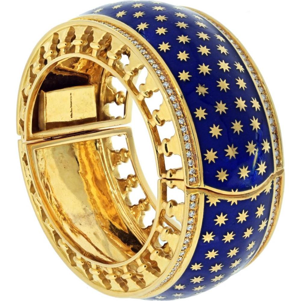 Tiffany & Co. Paloma Picasso 18K Yellow Gold Blue Enamel Star Bangle Bracelet with 2.30 Carat Total Round Diamond Weight