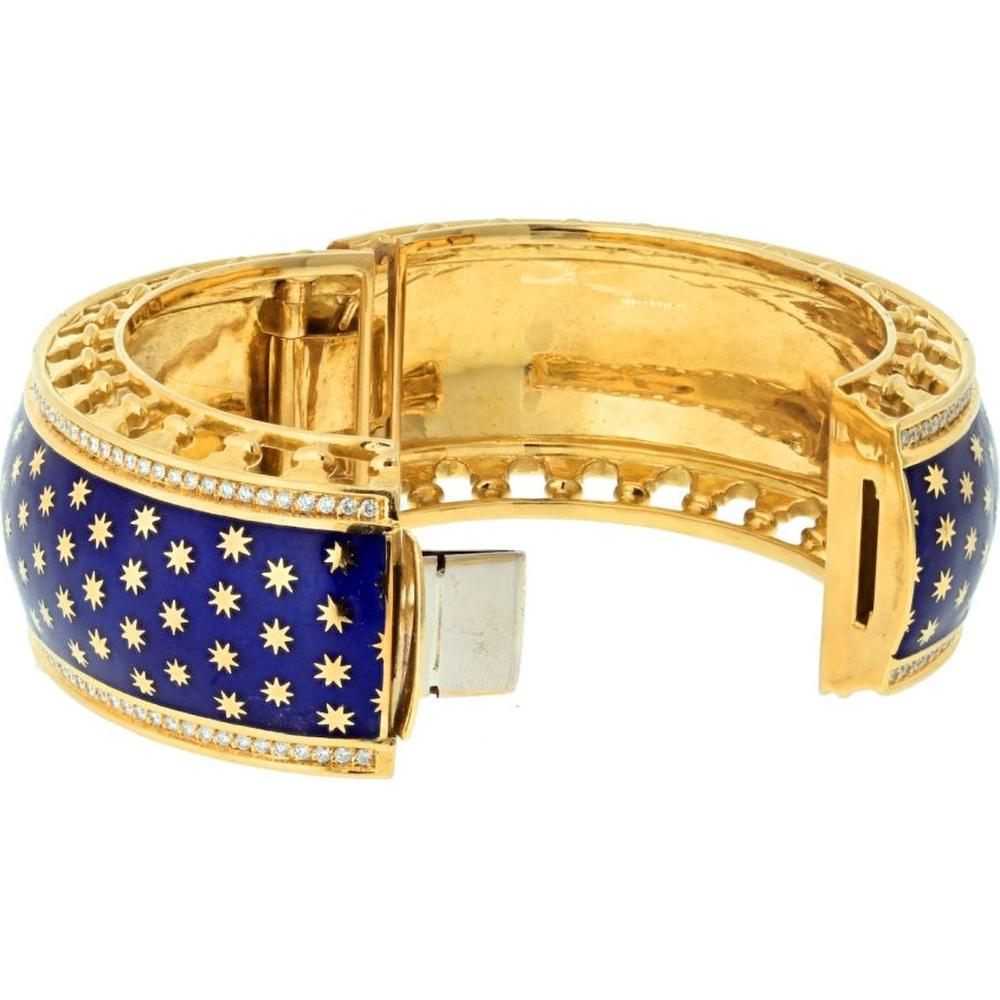Tiffany & Co. Paloma Picasso 18K Yellow Gold Blue Enamel Star Bangle Bracelet with 2.30 Carat Total Round Diamond Weight