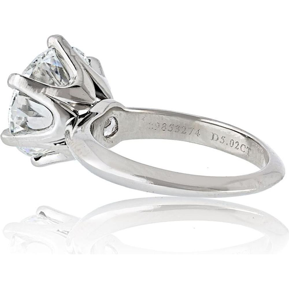 Tiffany & Co. Platinum 6-Prong Solitaire Engagement Ring with 5.02 Carat Round Diamond F/VS1 GIA Certified