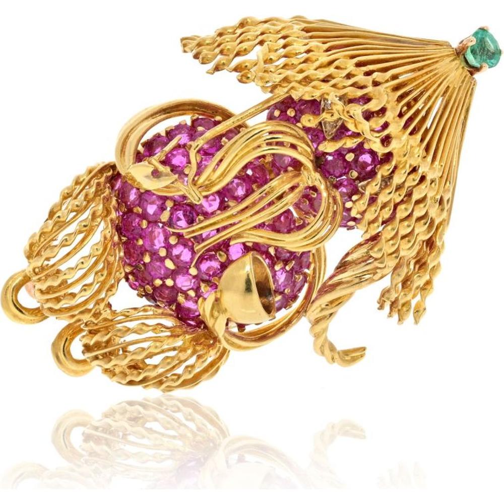 Tiffany & Co. Playful Asian Noodle Scene Brooch - 18K Yellow Gold with Pink Sapphires and Green Emerald