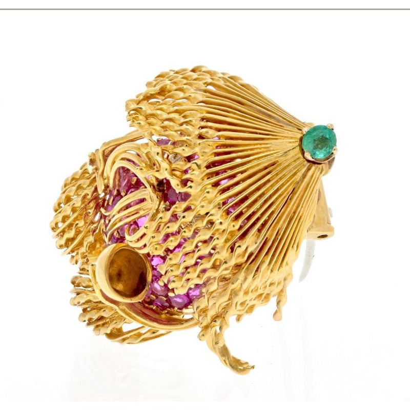 Tiffany & Co. Playful Asian Noodle Scene Brooch - 18K Yellow Gold with Pink Sapphires and Green Emerald