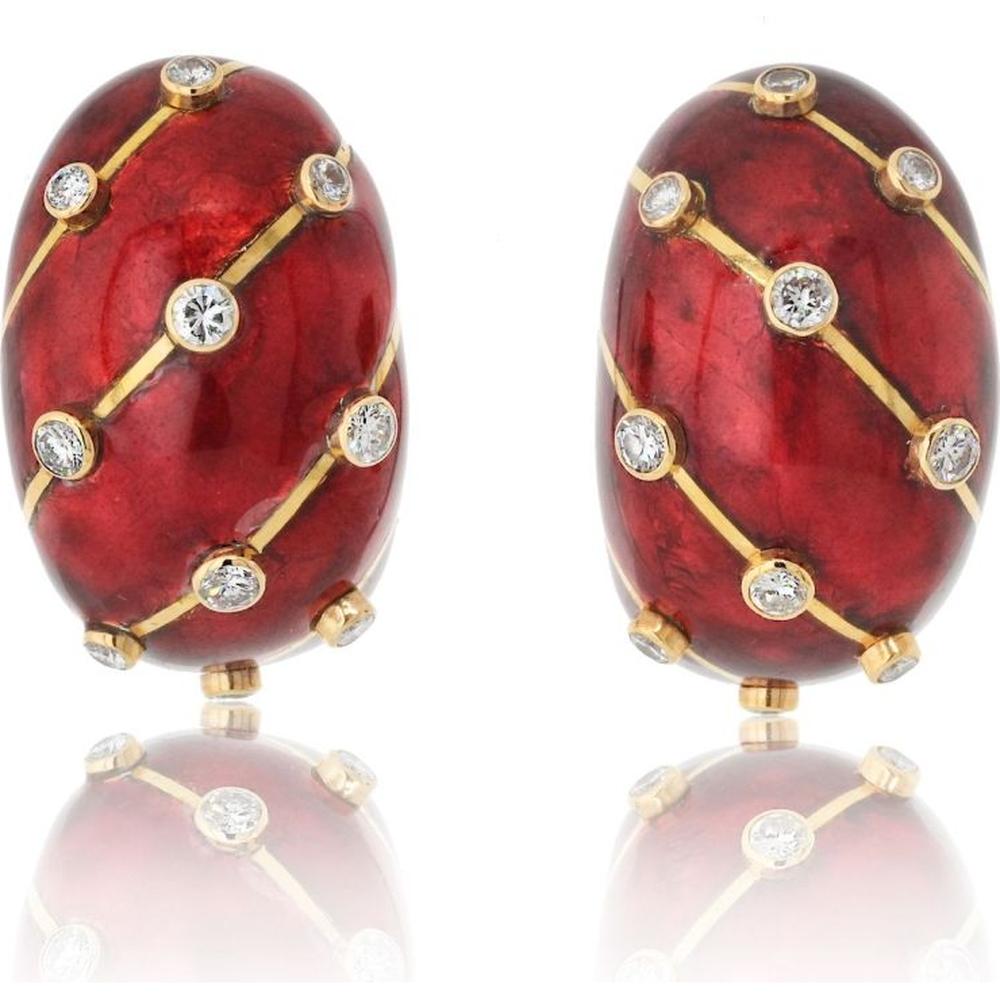 Tiffany & Co. Schlumberger Platinum & 18K Yellow Gold Red Enamel Diamond Earrings - 1.40 Carat Total Diamond Weight