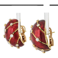 Tiffany & Co. Schlumberger Platinum & 18K Yellow Gold Red Enamel Diamond Earrings - 1.40 Carat Total Diamond Weight