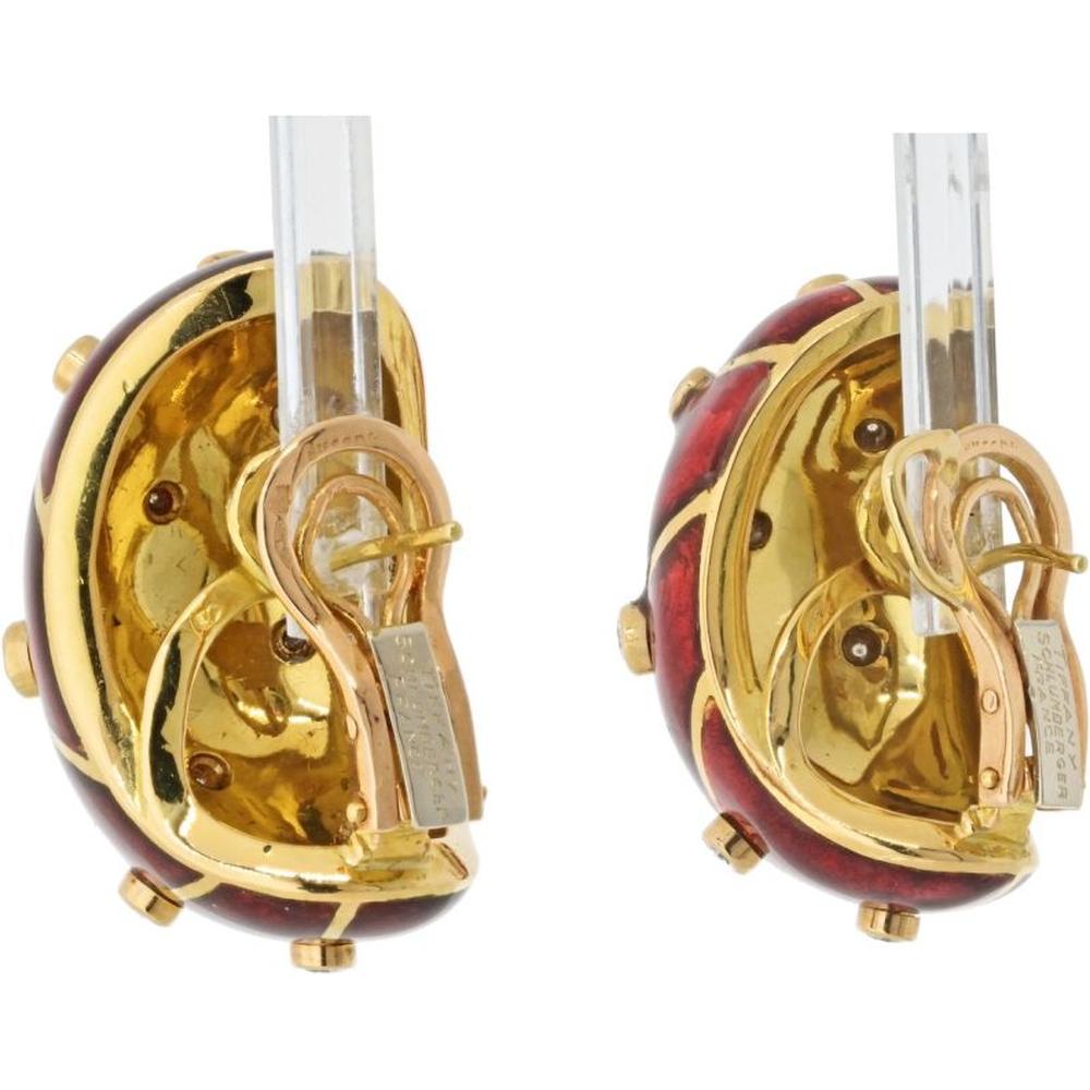 Tiffany & Co. Schlumberger Platinum & 18K Yellow Gold Red Enamel Diamond Earrings - 1.40 Carat Total Diamond Weight
