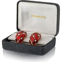 Tiffany & Co. Schlumberger Platinum & 18K Yellow Gold Red Enamel Diamond Earrings - 1.40 Carat Total Diamond Weight
