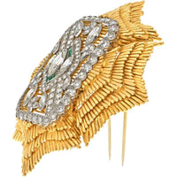 Timeless Elegance 18K Yellow Gold and Platinum Marquise Diamond & Emerald Brooch - David Webb