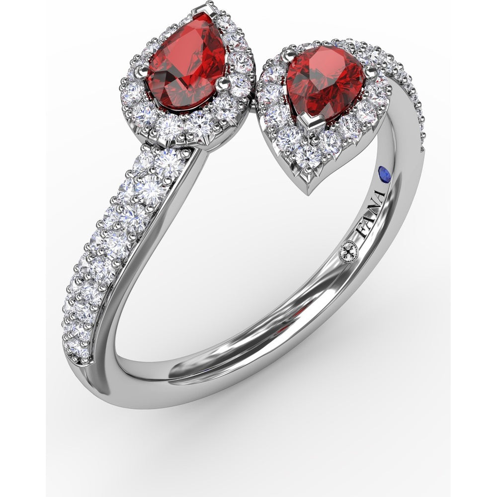 Toi et Moi Bypass Ring with Pear Rubies and Pavé Diamond Halos by Fana - 0.99 Carat Total Ruby Weight