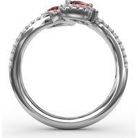 Toi et Moi Bypass Ring with Pear Rubies and Pavé Diamond Halos by Fana - 0.99 Carat Total Ruby Weight