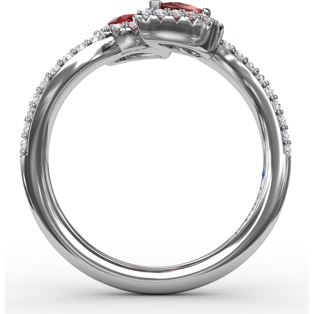 Toi et Moi Bypass Ring with Pear Rubies and Pavé Diamond Halos by Fana - 0.99 Carat Total Ruby Weight