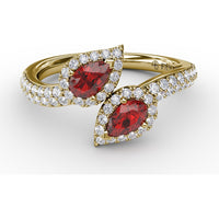 Toi et Moi Bypass Ring with Pear Rubies and Pavé Diamond Halos by Fana - 0.99 Carat Total Ruby Weight