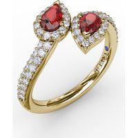 Toi et Moi Bypass Ring with Pear Rubies and Pavé Diamond Halos by Fana - 0.99 Carat Total Ruby Weight