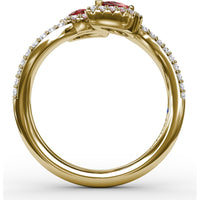 Toi et Moi Bypass Ring with Pear Rubies and Pavé Diamond Halos by Fana - 0.99 Carat Total Ruby Weight