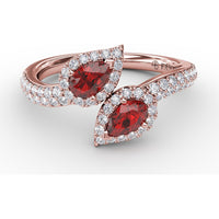 Toi et Moi Bypass Ring with Pear Rubies and Pavé Diamond Halos by Fana - 0.99 Carat Total Ruby Weight
