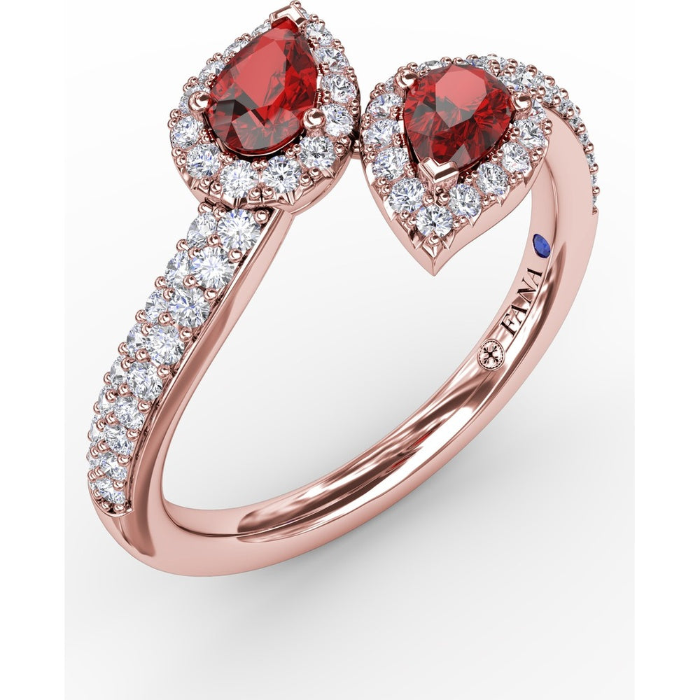 Toi et Moi Bypass Ring with Pear Rubies and Pavé Diamond Halos by Fana - 0.99 Carat Total Ruby Weight