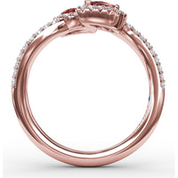 Toi et Moi Bypass Ring with Pear Rubies and Pavé Diamond Halos by Fana - 0.99 Carat Total Ruby Weight