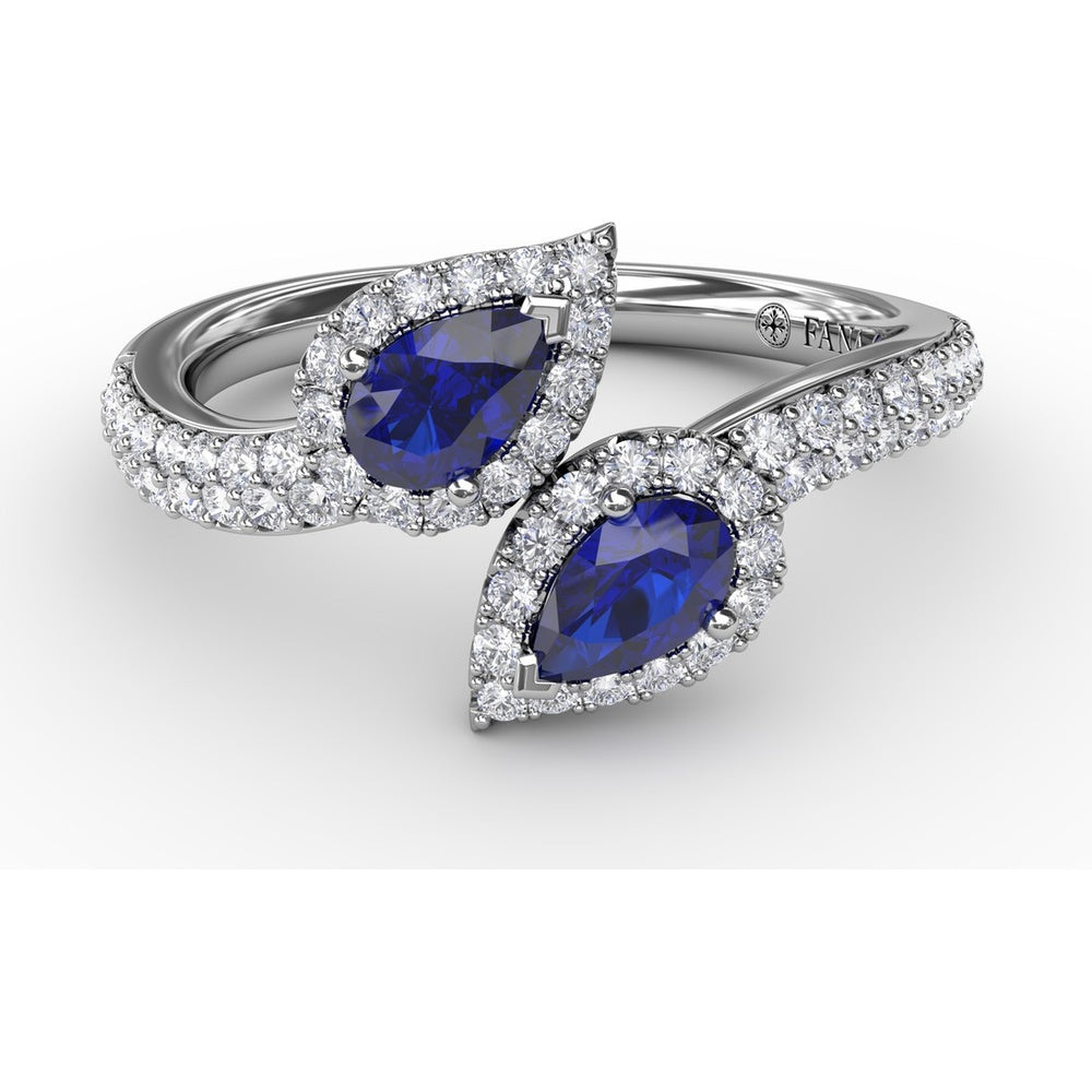 Toi et Moi Bypass Ring with Pear Sapphires and Pavé Diamond Halos by Fana - 0.99 Carat Total Sapphire Weight