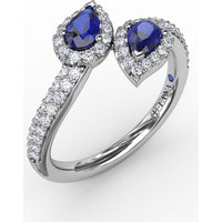 Toi et Moi Bypass Ring with Pear Sapphires and Pavé Diamond Halos by Fana - 0.99 Carat Total Sapphire Weight