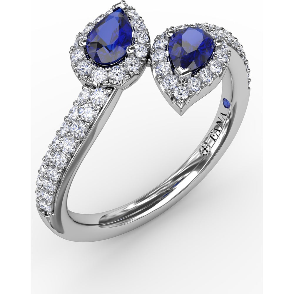 Toi et Moi Bypass Ring with Pear Sapphires and Pavé Diamond Halos by Fana - 0.99 Carat Total Sapphire Weight