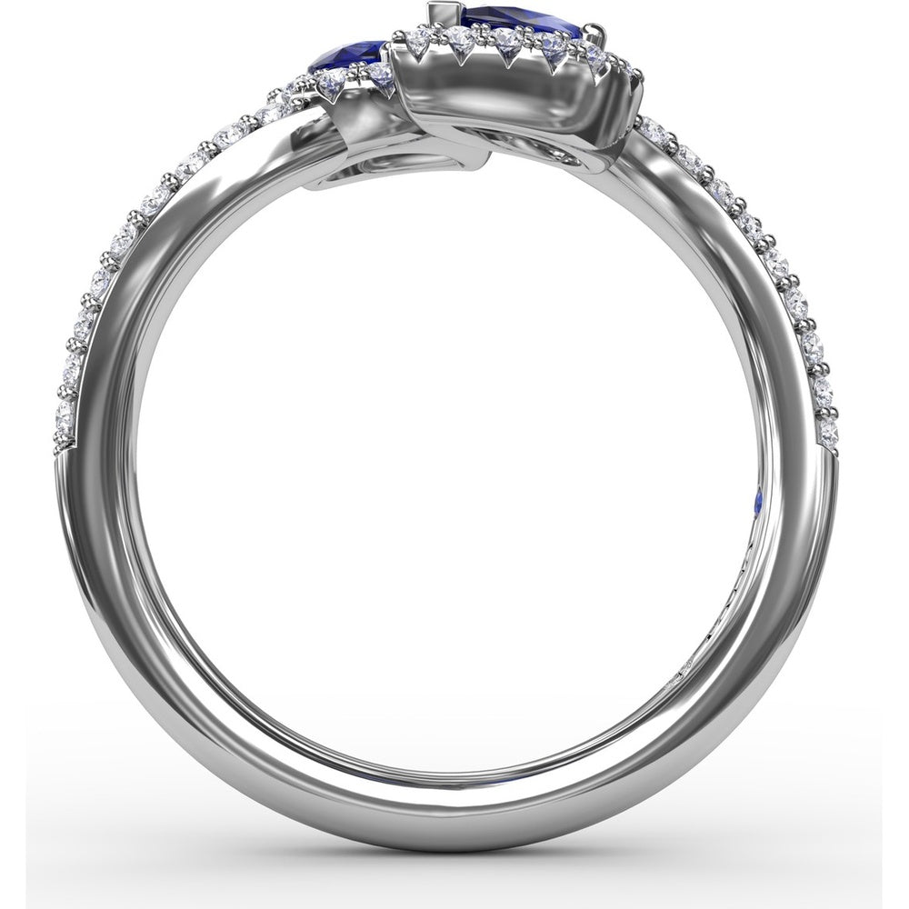 Toi et Moi Bypass Ring with Pear Sapphires and Pavé Diamond Halos by Fana - 0.99 Carat Total Sapphire Weight