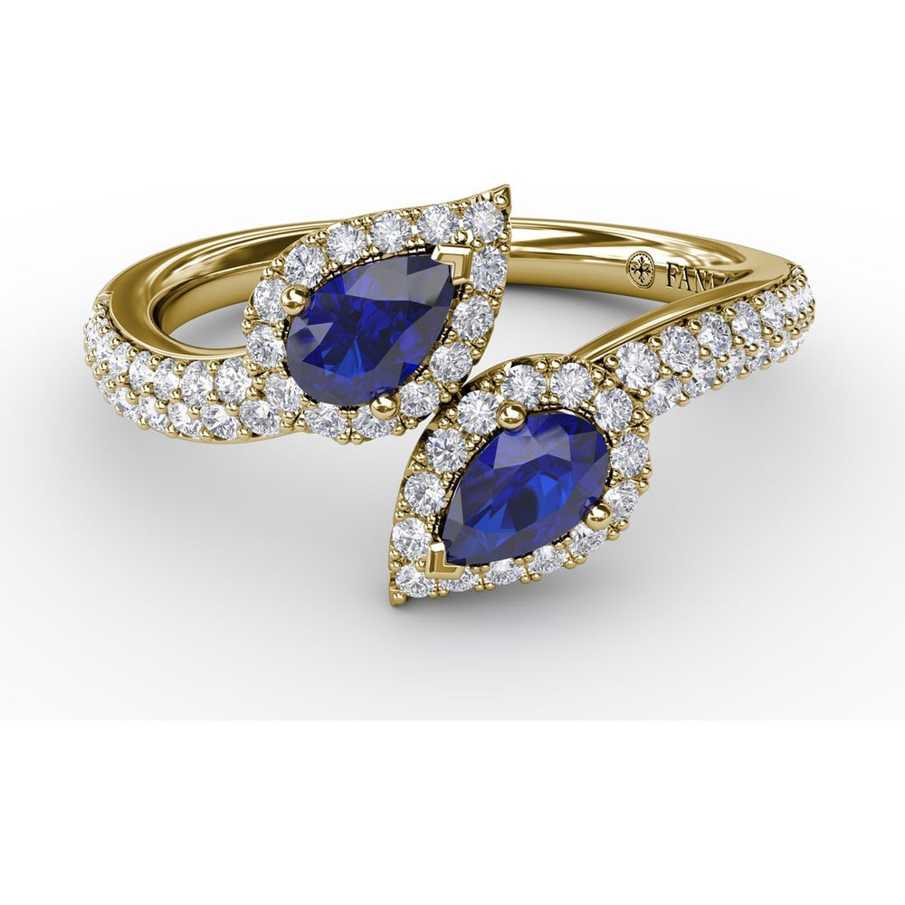 Toi et Moi Bypass Ring with Pear Sapphires and Pavé Diamond Halos by Fana - 0.99 Carat Total Sapphire Weight