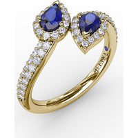 Toi et Moi Bypass Ring with Pear Sapphires and Pavé Diamond Halos by Fana - 0.99 Carat Total Sapphire Weight