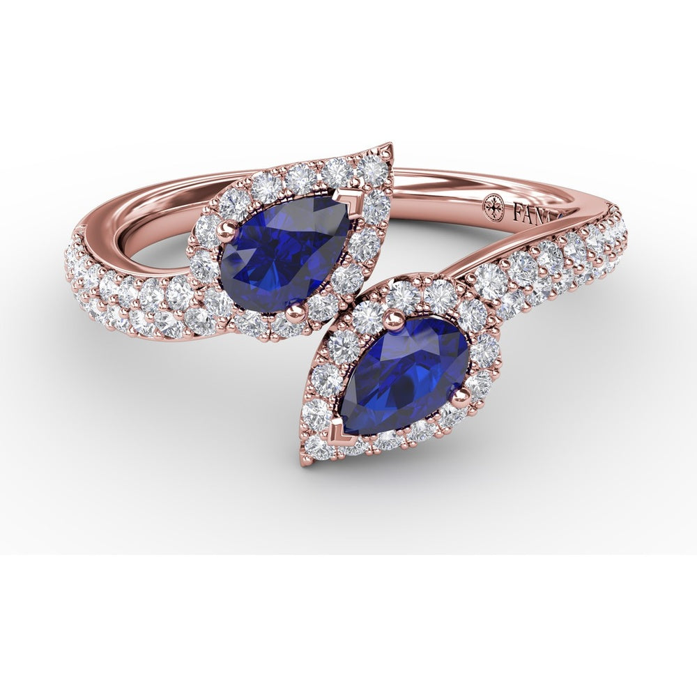 Toi et Moi Bypass Ring with Pear Sapphires and Pavé Diamond Halos by Fana - 0.99 Carat Total Sapphire Weight